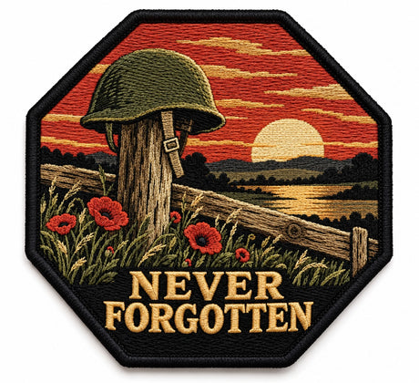 Never Forgotten embroidered patch design preview – 110mm longest edge