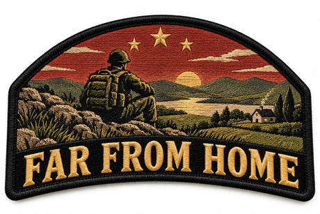 For Those Far From Home embroidered patch design preview – 120mm longest edge