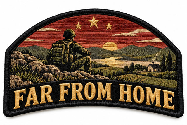 For Those Far From Home embroidered patch design preview – 120mm longest edge