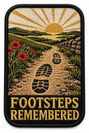 Footsteps Remembered embroidered patch design preview – 110mm longest edge