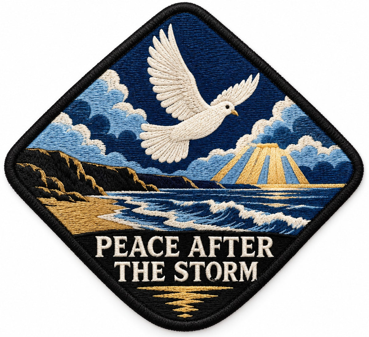 Peace After Storm embroidered patch design preview – 110mm longest edge