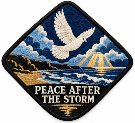 Peace After Storm embroidered patch design preview – 110mm longest edge