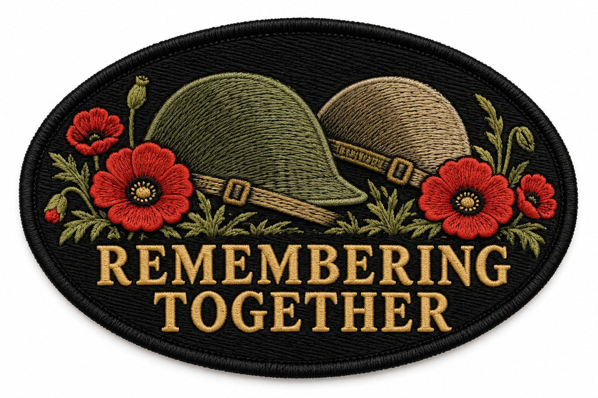 Shared Remembrance embroidered patch design preview – 120mm longest edge
