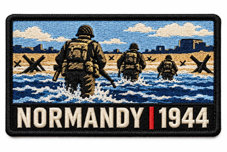 Normandy 1944 embroidered patch design preview – 120mm longest edge