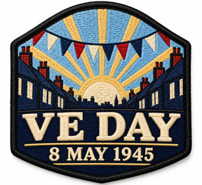 VE Day 8 May 1945 embroidered patch design preview – 110mm longest edge