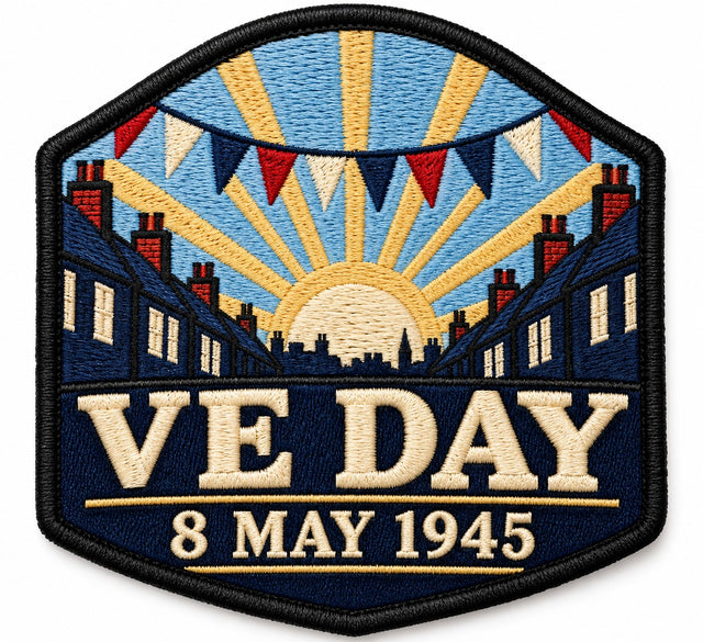 VE Day 8 May 1945 embroidered patch design preview – 110mm longest edge