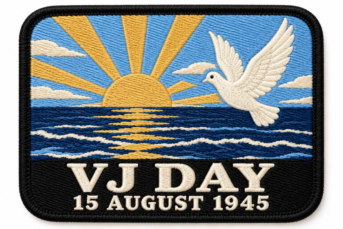 VJ Day 15 August 1945 embroidered patch design preview – 110mm longest edge