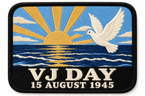 VJ Day 15 August 1945 embroidered patch design preview – 110mm longest edge