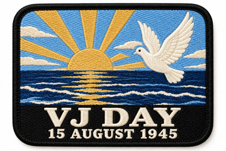 VJ Day 15 August 1945 embroidered patch design preview – 110mm longest edge