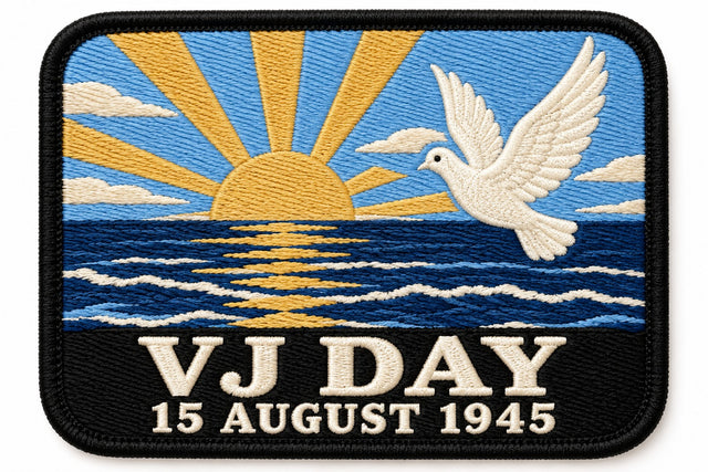VJ Day 15 August 1945 embroidered patch design preview – 110mm longest edge