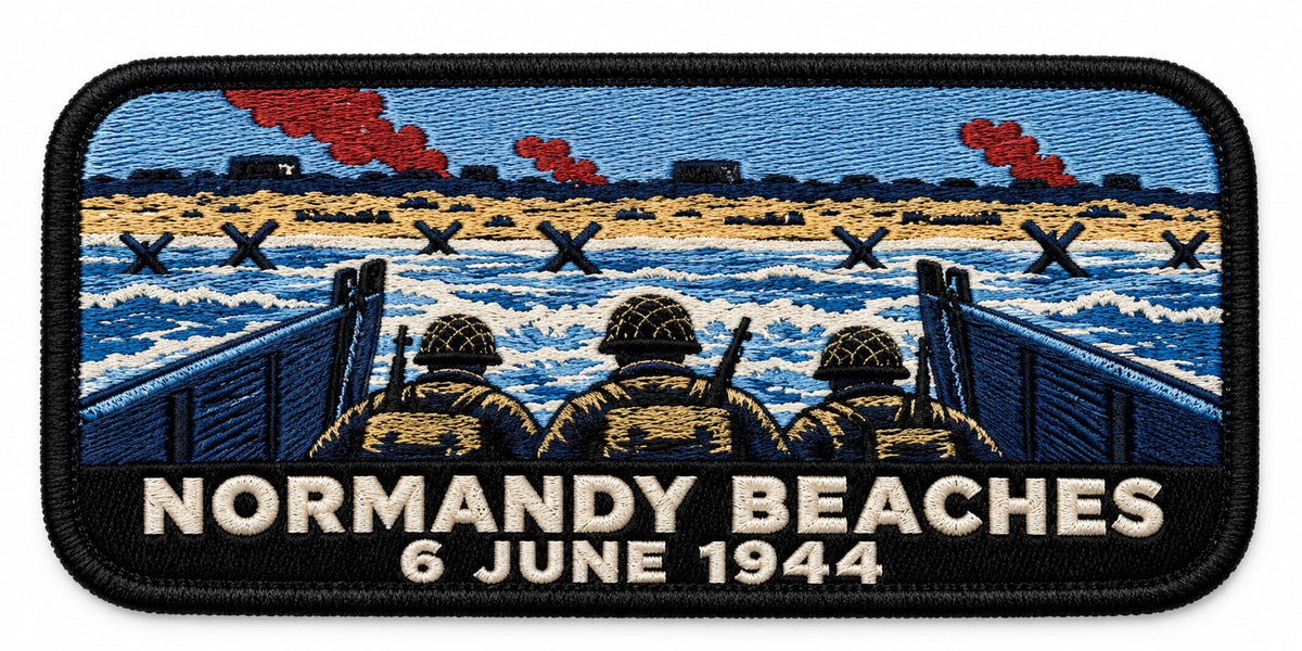 Normandy Beaches embroidered patch design preview – 130mm longest edge