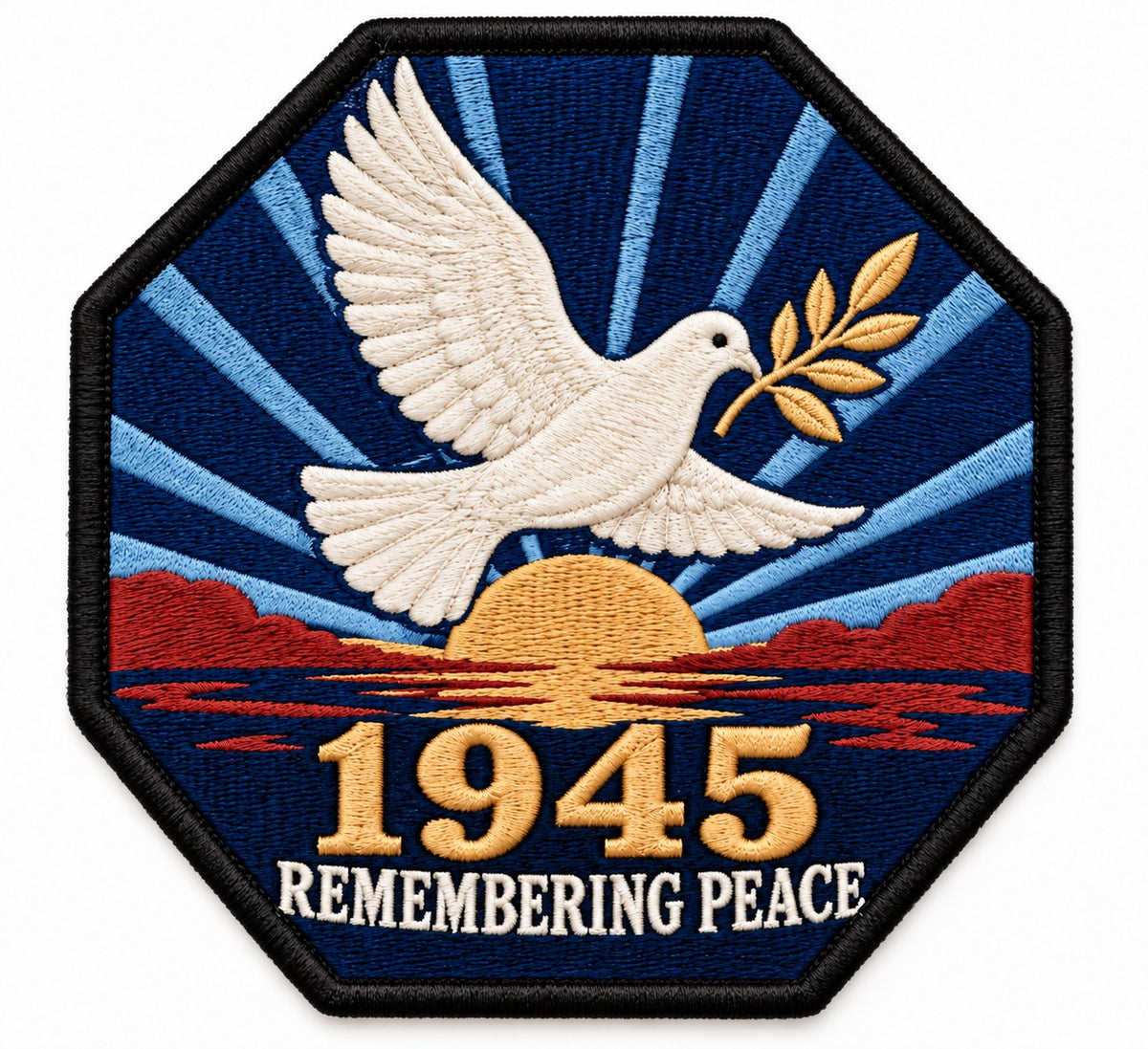 Peace 1945 embroidered patch design preview – 110mm longest edge