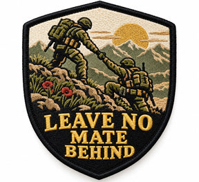 Leave No Mate Behind embroidered patch design preview – 110mm longest edge