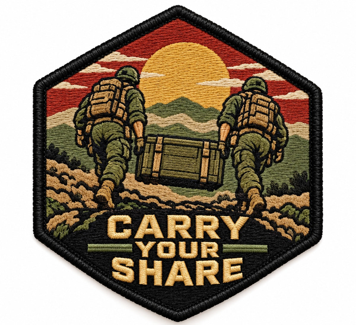 Carry Your Share embroidered patch design preview – 110mm longest edge