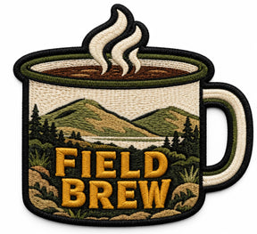 Field Brew embroidered patch design preview – 110mm longest edge