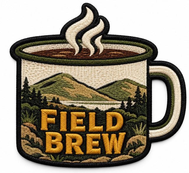 Field Brew embroidered patch design preview – 110mm longest edge