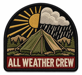 All Weather Crew embroidered patch design preview – 110mm longest edge