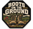 Boots on Ground embroidered patch design preview – 110mm longest edge