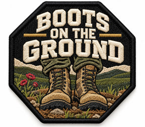 Boots on Ground embroidered patch design preview – 110mm longest edge