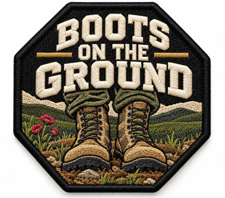 Boots on Ground embroidered patch design preview – 110mm longest edge