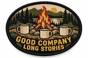 Campfire Company embroidered patch design preview – 120mm longest edge