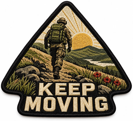 Keep Moving embroidered patch design preview – 110mm longest edge