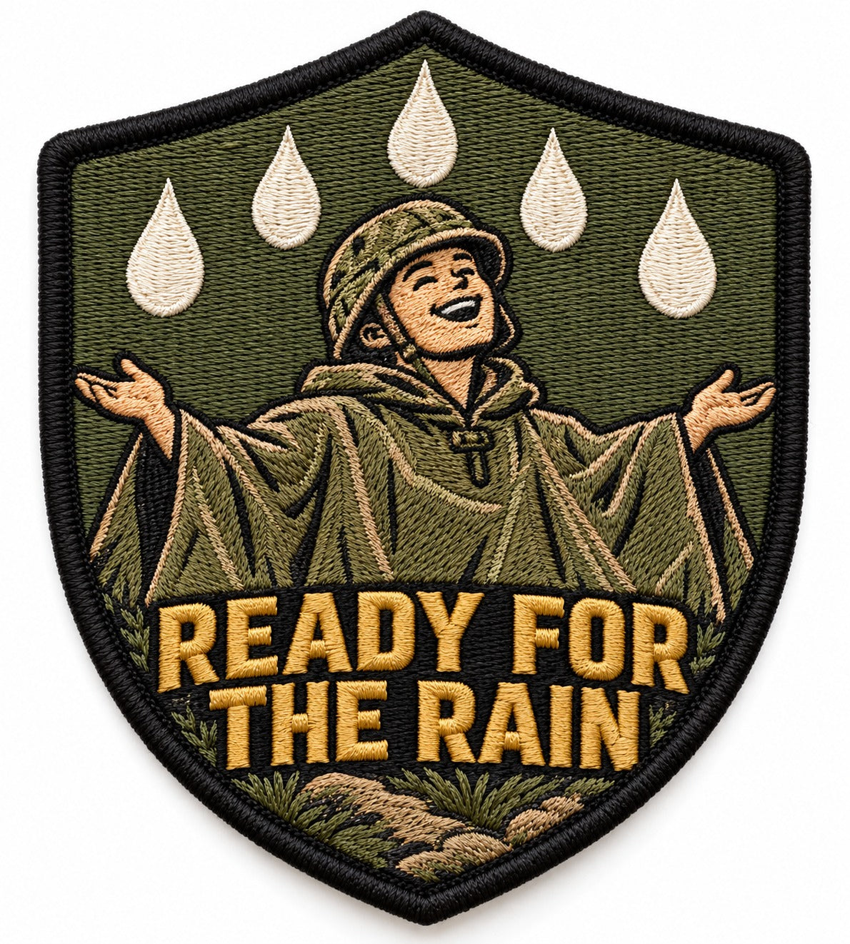 Ready for the Rain embroidered patch design preview – 110mm longest edge