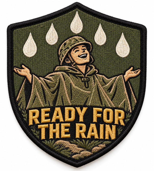 Ready for the Rain embroidered patch design preview – 110mm longest edge