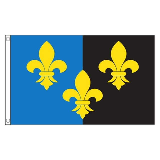 Monmouthshire county flag with three gold fleurs-de-lis on blue and black vertical halves, 5ft x 3ft