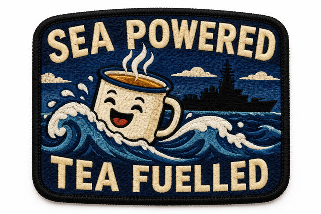 Sea Powered Tea Fuelled embroidered patch design preview - 120mm
