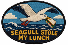 Seagull Stole My Lunch embroidered patch design preview - 120mm