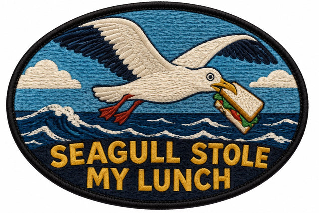 Seagull Stole My Lunch embroidered patch design preview - 120mm