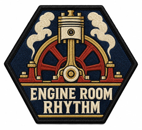Engine Room Rhythm embroidered patch design preview - 110mm