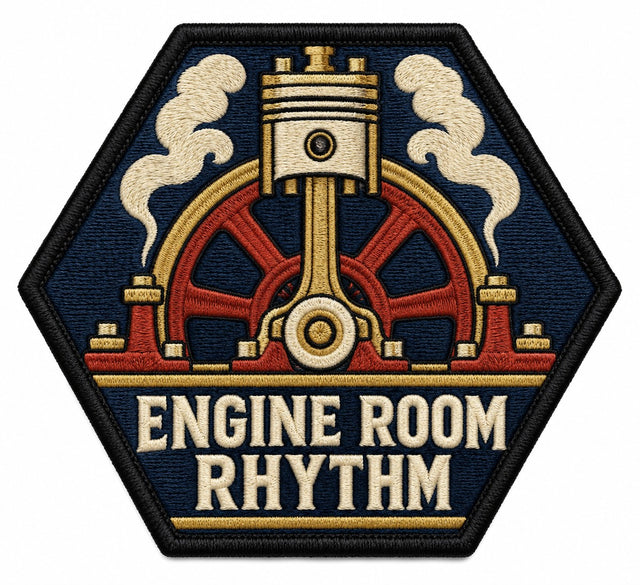 Engine Room Rhythm embroidered patch design preview - 110mm