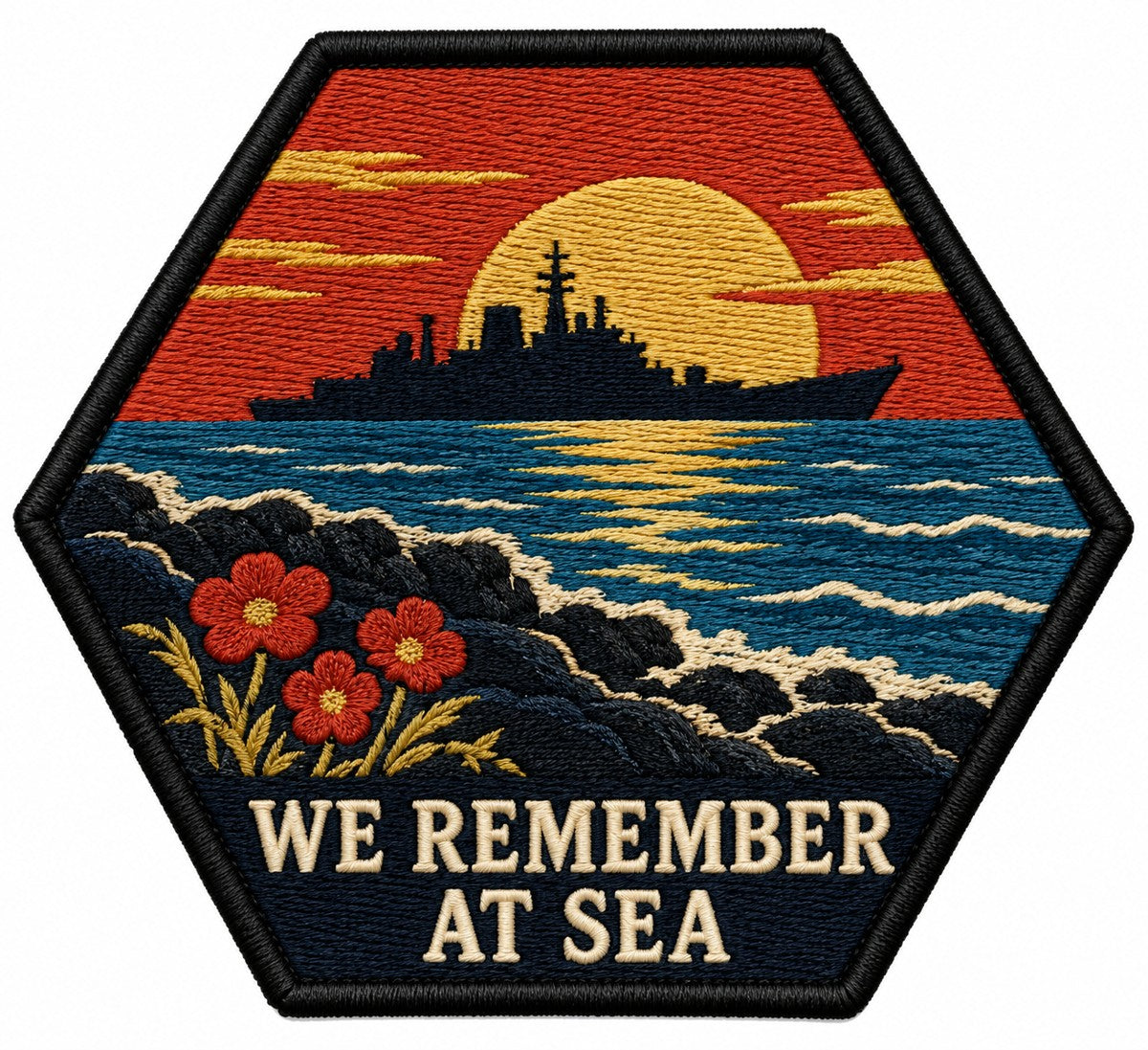 We Remember At Sea embroidered patch design preview - 110mm