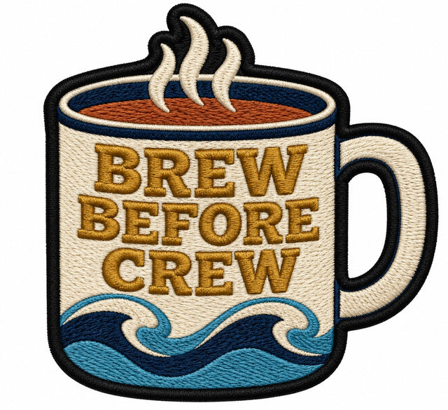 Brew Before Crew embroidered patch design preview - 110mm