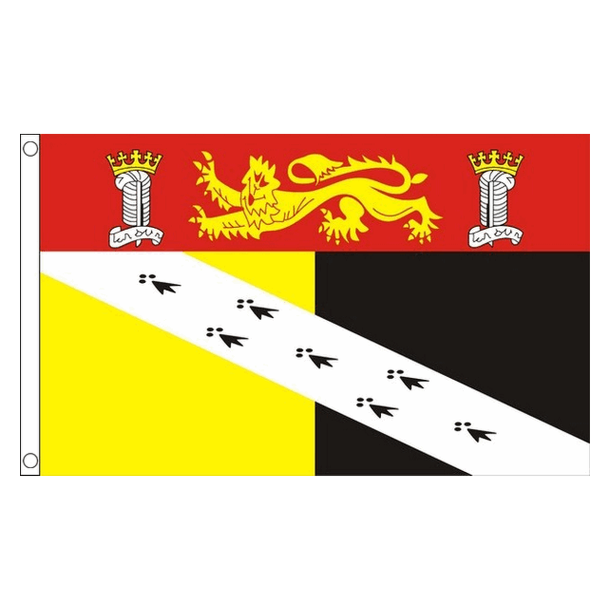 Norfolk Old With Crest flag with gold lion and crowned emblems on red above gold and black fields with diagonal ermine band, 5ft x 3ft
