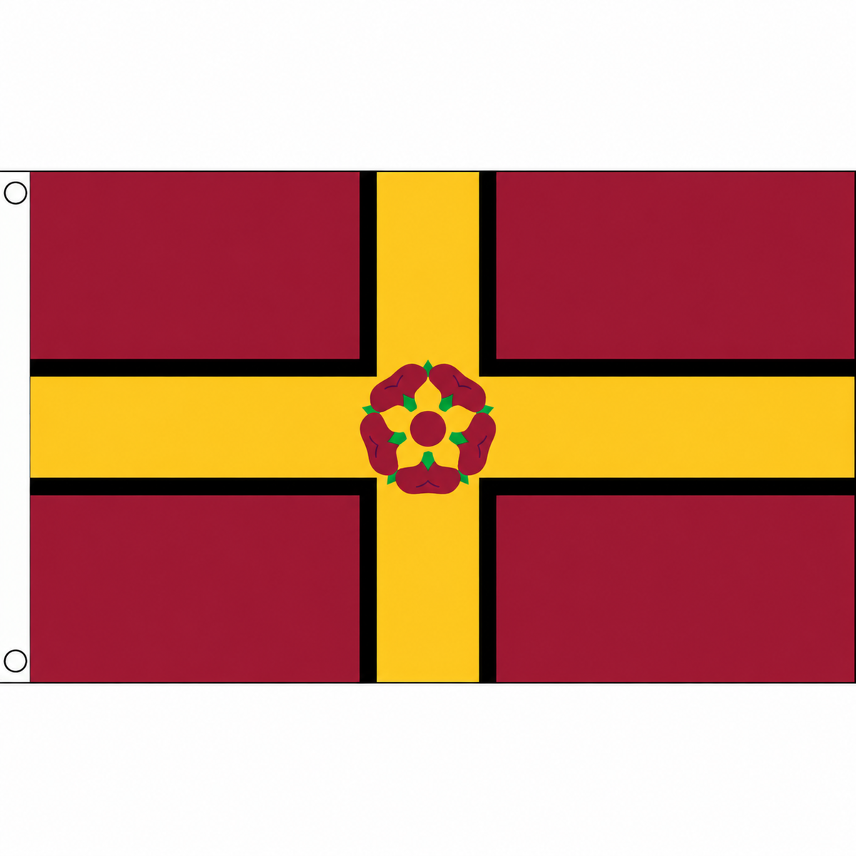 Northamptonshire new flag with gold cross edged in black and central rose on maroon, 5ft x 3ft