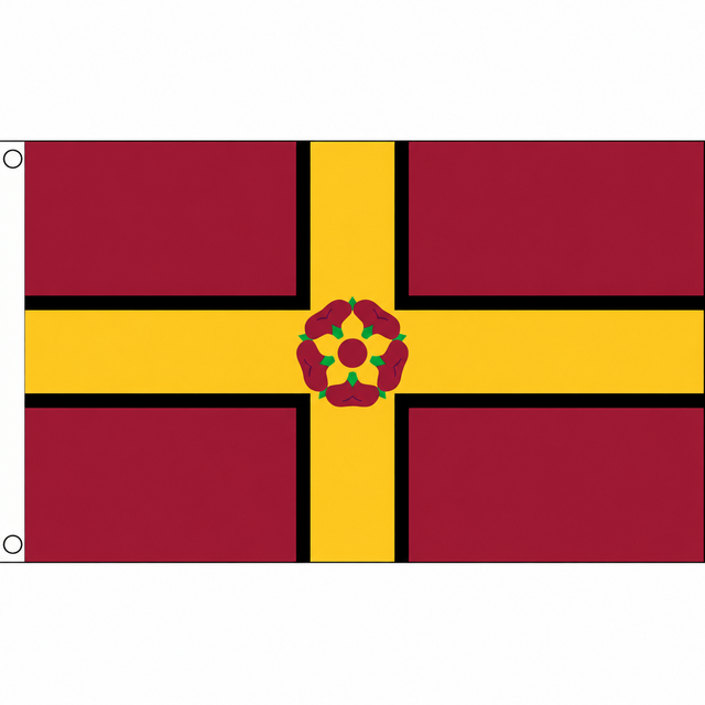 Northamptonshire new flag with gold cross edged in black and central rose on maroon, 5ft x 3ft