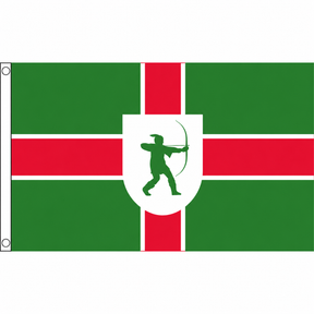 Nottinghamshire new county flag with red and white cross on green and central Robin Hood shield, 5ft x 3ft