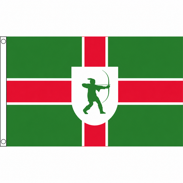 Nottinghamshire new county flag with red and white cross on green and central Robin Hood shield, 5ft x 3ft