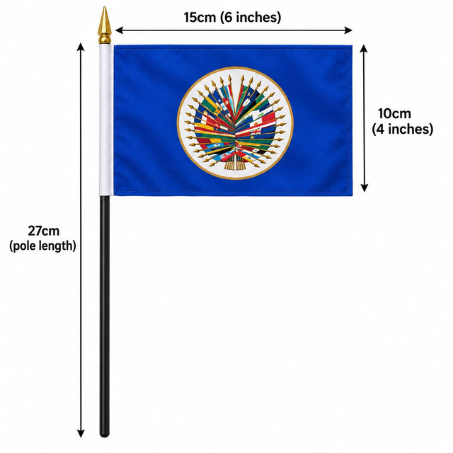 Organization of American States hand waving flag with gold pointed tip and 15 x 10cm flag, 27cm pole measurements