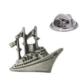 Antique silver-tone ocean liner ship pewter lapel pin badge with butterfly clutch fastening