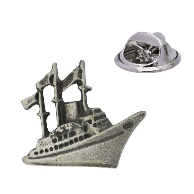 Antique silver-tone ocean liner ship pewter lapel pin badge with butterfly clutch fastening