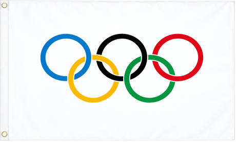 Olympic flag with five coloured interlocking rings on white, 5ft x 3ft