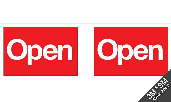 Open (Red) Small Bunting Horizontal (3m Length) 3 metre bunting, 10 flags - Flagmania