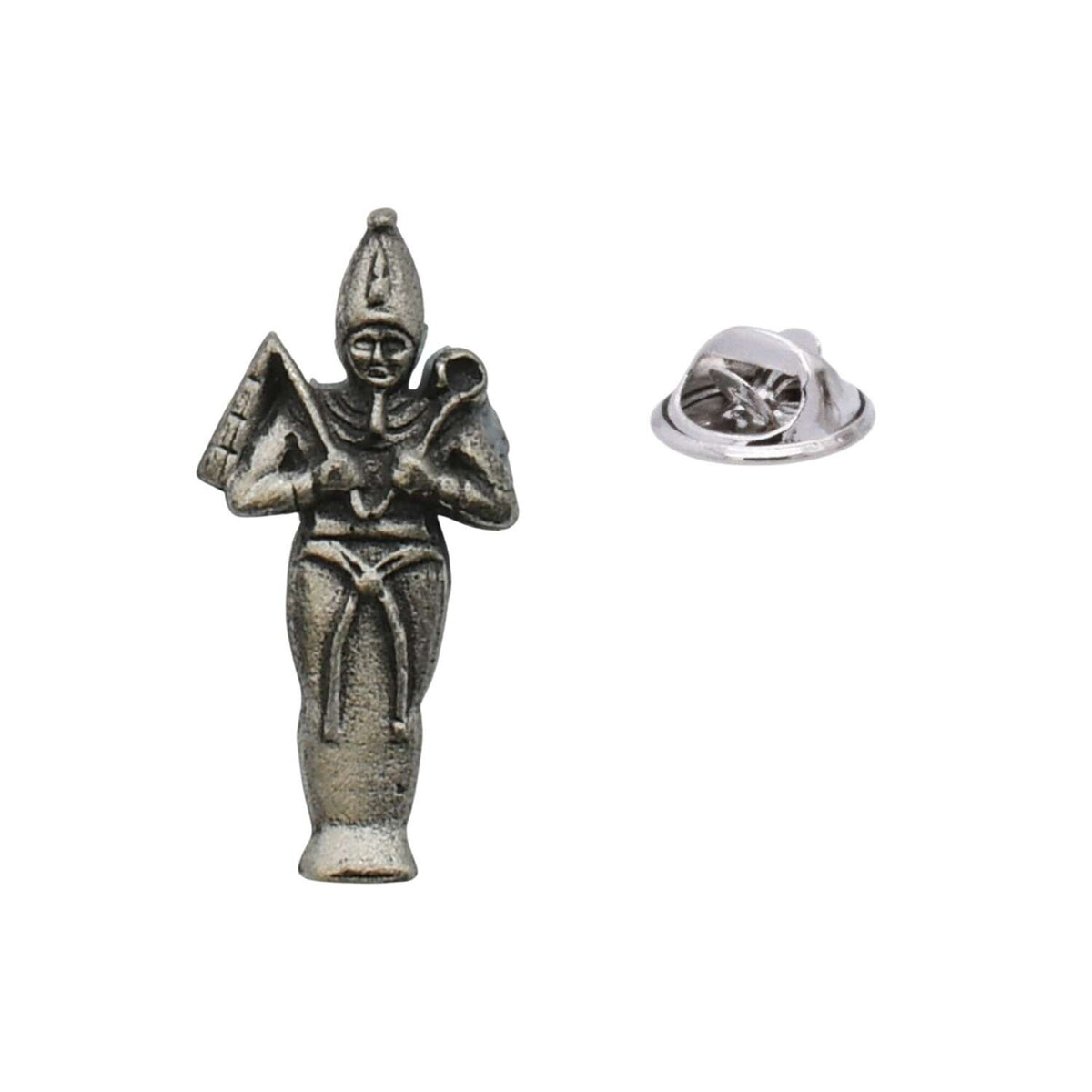 Osiris Egyptian god pewter lapel pin badge holding crook and flail with butterfly clutch fastening