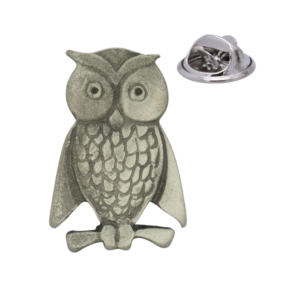 Owl perched on branch pewter lapel pin badge with butterfly clutch fastening