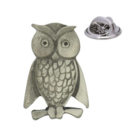 Owl perched on branch pewter lapel pin badge with butterfly clutch fastening