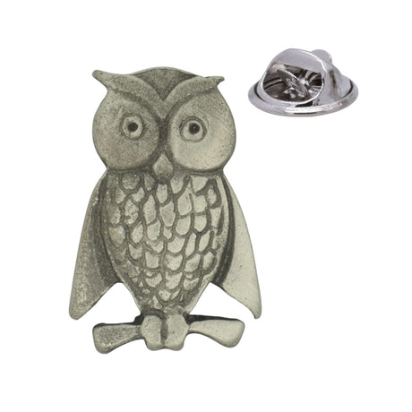 Owl perched on branch pewter lapel pin badge with butterfly clutch fastening